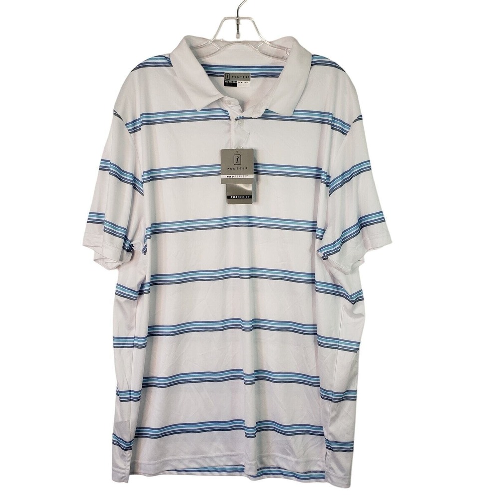 PGA Tour ProSeries Golf Polo Shirt Athletic Fit UPF 50 Striped White Blue Sz XXL
